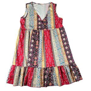 Bohemian L Multicolor Sleeveless V-Neck Dress Tiered Hem Polyester Lightweight